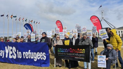 Refugee Action Campaign protest outside Australia’s Parliament House marking the 12-year anniversary of the Australian government reestablishing offshore detention and processing