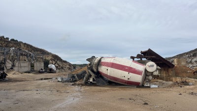 Aftermath of Israeli strikes on October 16, 2025, on an asphalt and cement factory in Sinay, southern Lebanon.