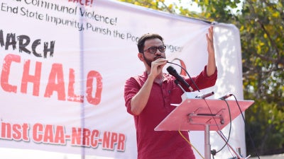 Prominent student activist Umar Khalid speaks during a protest against sectarian violence, the Citizenship Amendment Act and the National Register of Citizens on March 3, 2020 in Dehli, India.