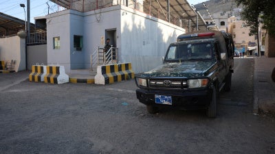 A police patrol vehicle outside the United Nations compound in Sanaa, Yemen, following reports of UN staff being detained by the Houthis, October 29, 2025.
