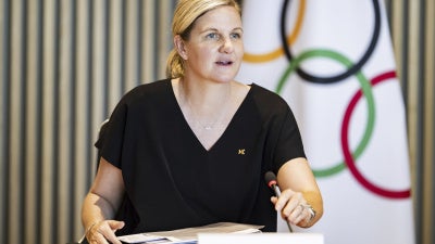 International Olympic Committee (IOC) President Kirsty Coventry speaks at the Olympic House, in Lausanne, Switzerland, June 25, 2025. 