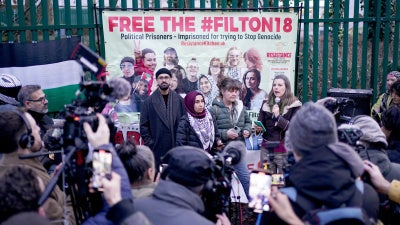 Claire Rogers, mother of Zoe Rogers (C-R), speaks outside Woolwich Crown Court, London, following the acquittal of six Palestine Action activists, February 4, 2026.