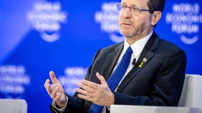Israeli President Isaac Herzog speaks at the World Economic Forum, in Davos, Switzerland, January 22, 2026. 