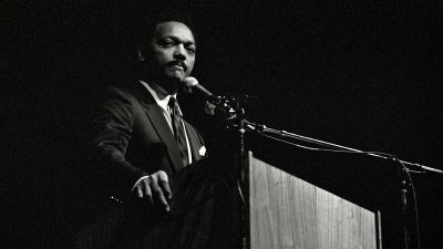 Reverend Jesse Jackson speaks to a Democratic gathering at the Cheyenne Civic Center in Cheyenne, Wyoming, April 20, 1989.