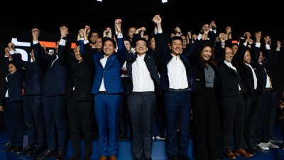 Members of the People's Party at a campaign rally at Samyan Mitrtown Hall in Bangkok, Thailand, January 11, 2026.