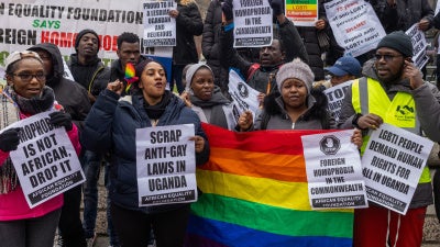 LGBT+ campaigners from the African Equality Foundation calling on Uganda to repeal their Anti-Homosexuality Act in London, United Kingdom, March 11, 2024. 