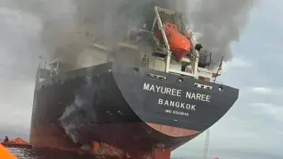 The Thai cargo ship, Mayuree Naree, was struck and set ablaze in the Strait of Hormuz, March 11, 2026.