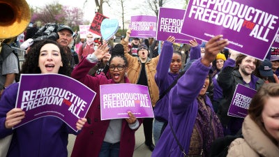 Abortion rights protestors demonstrate outside the U.S. Supreme Court as oral arguments are delivered in the case of Medina v. Planned Parenthood South Atlantic in Washington D.C., April 2. 2025.