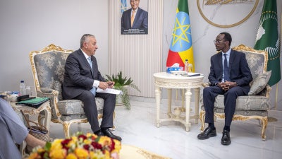 Jozef Síkela (left), EU commissioner for international partnerships, meets with Ethiopia’s minister of foreign affairs, Gedion Timothewos, in Addis Ababa, April 20, 2026.