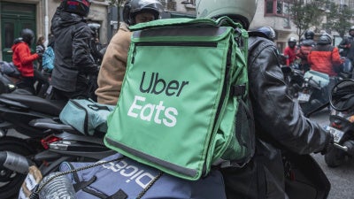 Uber Eats delivery drivers protested following the mass deletion of hundreds of accounts in Paris, France, on October, 1, 2022. 