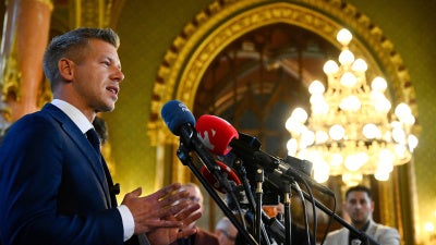 Prime Minister-elect Peter Magyar, the Tisza Party's leader, speaks to the media after the preparatory meeting for the inaugural session of the Parliament in Budapest, Hungary, April 17, 2026.