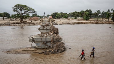 A railway bridge damaged by heavy floods