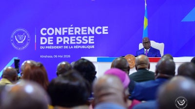 President Tshisekedi at a conference in Kinshasa.