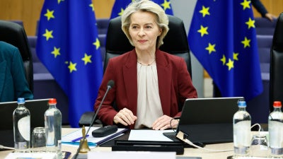 Ursula von der Leyen, president of the European Commission, during a College of Commissioners meeting in Brussels, Belgium, December 3, 2025.