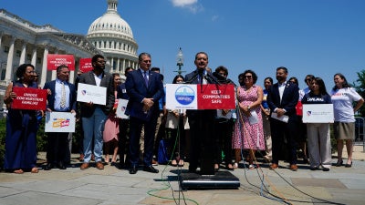 U.S. Representative Jesus "Chuy" Garcia (center) speaks in opposition to Immigration and Customs Enforcement (ICE) funding in the Republican reconciliation plan, on Capitol Hill in Washington, D.C., May 20, 2026.