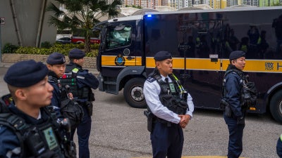  A prison van believed to be carrying Jimmy Lai leaving West Kowloon Magistrates Courts where his sentencing took place in Hong Kong, February 9, 2025. 