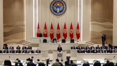 Kyrgyz President Sadyr Japarov speaks during the first session of the Jogorku Kenesh (Parliament) of Kyrgyzstan of the 8th convocation in Bishkek, Kyrgyzstan, December 17, 2025.