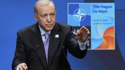 Turkish President Recep Tayyip Erdogan at press conference during a NATO summit in The Hague, Netherlands, June 25, 2025.