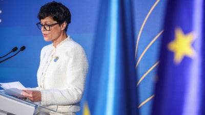 European Enlargement Commissioner Marta Kos speaks at a forum supporting Ukraine's EU accession reforms, amid Russia's attack on Ukraine, in Kyiv, Ukraine, June 8, 2026.