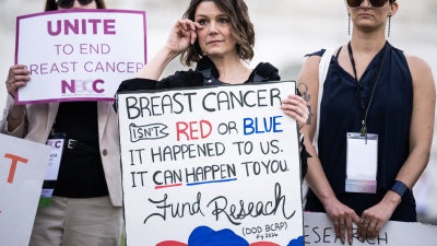 People attend a rally at the US Capitol to support research and policies for breast cancer treatment that are at risk by proposed Medicaid cuts, on May 6, 2025.