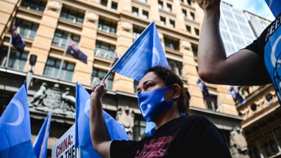 Protesters gather for a rally outside Channel 7 studios in Sydney, Australia, February 4, 2022. 