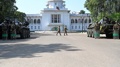 Bangladesh military personnel guard the International Criminal Tribunal in Dhaka, Bangladesh, November 17, 2025.