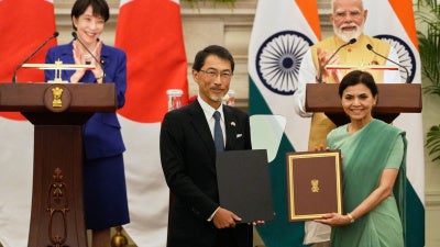 Left to right: Japan's Prime Minister Sanae Takaichi, Japan's ambassador to India Ono Kelichi, India's ambassador to Japan Nagma Mohamed Mallick, and India's Prime Minister Narendra Modi with a signed bilateral agreement after their delegation level meeting in New Delhi, India,  July 2, 2026.