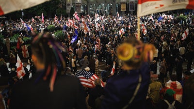 Protesters gather outside the Georgian parliament in Tbilisi, Georgia, on May 26, 2026. 