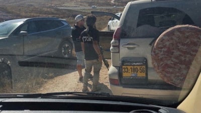 Israeli settlers blocking the convoy of U.S. Representative Ro Khanna (D-CA), according to his press team, in Khirbet Zanuta, during a visit in the Israeli-occupied West Bank, July 8, 2026.