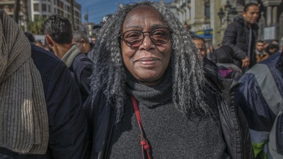 Saadia Mosbah (center), president of the antiracism association Mnemty, attending a march in Tunis, Tunisia, on March 4, 2023. 