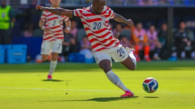 Folarin Balogun shoots on goal during the FIFA World Cup 2026 Round of 32 match between USA and Bosnia and Herzegovina in Santa Clara, California, July 1, 2026. 
