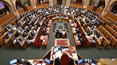 Lawmakers vote in the chamber of the Hungarian National Assembly on legislation related to establishing the National Asset Recovery and Protection Office in Budapest, Hungary, July 28, 2026. 