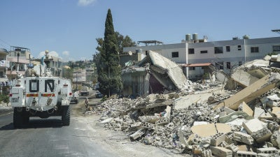 An armored vehicle of the United Nations Interim Force in Lebanon (UNIFIL) patrols a town in southern Lebanon, April 29, 2026.