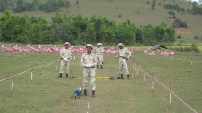Red sandbags cover unexploded submunitions awaiting destruction near a school in Xiang Khouang Province, Laos