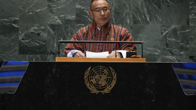 Prime Minister of Bhutan Tshering Togay speaks to the United Nations General Assembly during Summit of the Future at the U.N. headquarters, September 22, 2024. 