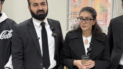 Human rights lawyers Imaan Mazari (right) and Hadi Ali Chattha, during a court hearing in Islamabad, Pakistan, December 5, 2025. 