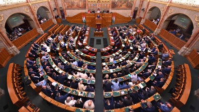 Prime Minister of Hungary, Péter Magyar, giving a speech in the Hungarian Parliament in Budapest, August 27, 2026.