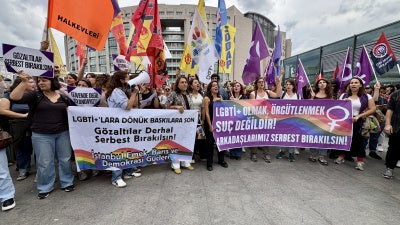 Demonstrators assemble on September 15, 2026, outside the Istanbul courthouse to protest the arrests of LGBT activists and raids on LGBT rights associations in cities across Türkiye. More than 100 demonstrators were also arrested and detained for more than 24 hours. 