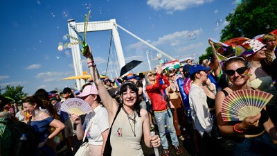 People attend the Budapest Pride March in Budapest, Hungary, June 27, 2026. 