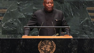 Burundi's President Evariste Ndayishimiye delivering a speech