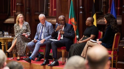 Ida Sawyer (left), director of the Crisis, Conflict and Arms Division at Human Rights Watch, participates in a panel discussion with Dr. Denis Mukwege during an event hosted by Mayor Philippe Close at the Brussels City Hall to launch the campaign, “30 Years of War, 30 Years of Impunity,” in Brussels, Belgium, on October 2, 2026. 