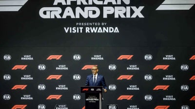  Rwanda's President Paul Kagame delivers remarks during the announcement of the Formula 1 African Grand Prix at BK Arena in Kigali on October 13, 2026.