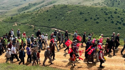 Local residents of Perşembe Plateau and representatives of environmental organizations stage a protest against gold mining exploration in the area, July 19, 2026. 