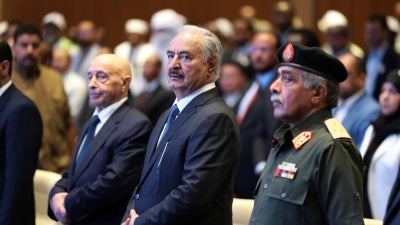 Military leader of Eastern Libya, Khalifa Haftar (center), attends a conference in Sabha, Libya, September 5, 2024. 