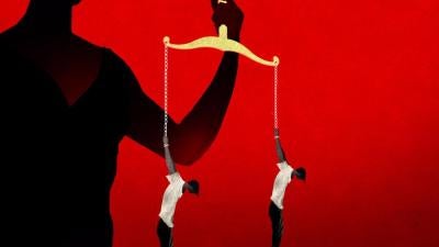Illustration of the scales of justice replaced by two people shackled by their wrists and dangling in the air.