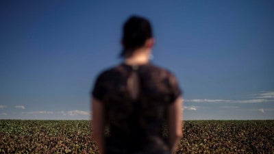 Carina, uma estudante adulta de uma escola no município de Primavera do Leste, Mato Grosso, observa uma plantação de algodão. Carina sofreu uma intoxicação aguda quando frequentava a escola em 2017: “Eu comecei a vomitar várias vezes, até que vomitei tudo