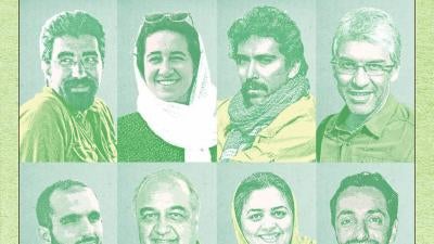 A campaign poster showing environmental activists, Taher Ghadirian, Niloufar Bayani, Amirhossein Khaleghi, Houman Jokar, Sam Rajabi, Sepideh Kashani, Morad Tahbaz and Abdolreza Kouhpayeh.