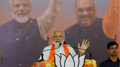 Indian Prime Minister Narendra Modi speaks during a public meeting in Ahmadabad, India, Sunday, May 26, 2019.