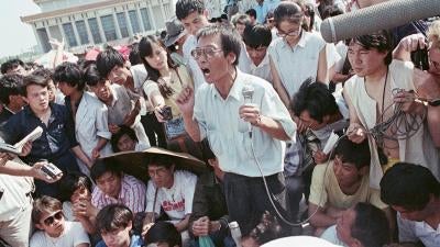 Liu Xiaobo addresses the crowd at Tiananmen Square in Beijing, May 1, 1989.