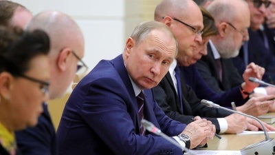 Russian President Vladimir Putin attends a meeting on drafting constitutional changes at the Novo-Ogaryovo residence outside Moscow, Russia, January 16, 2020.